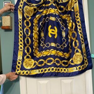 CHANEL Blue and Gold Chain Pattern Scarf